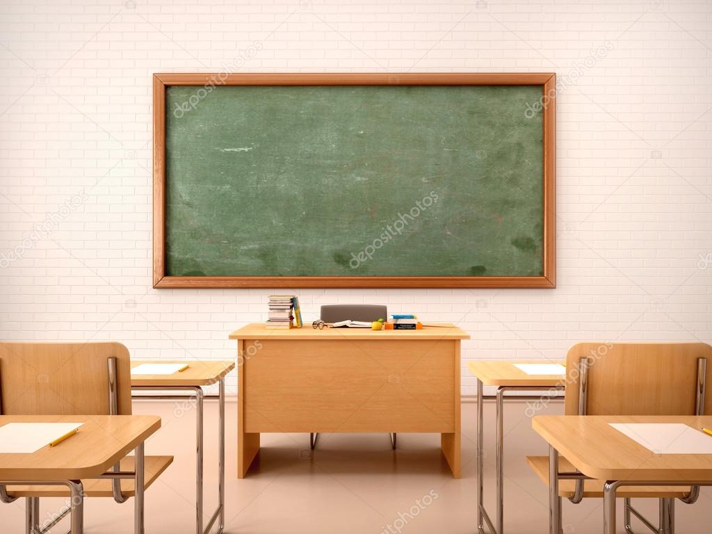 3d illustration of bright empty classroom for lessons and traini