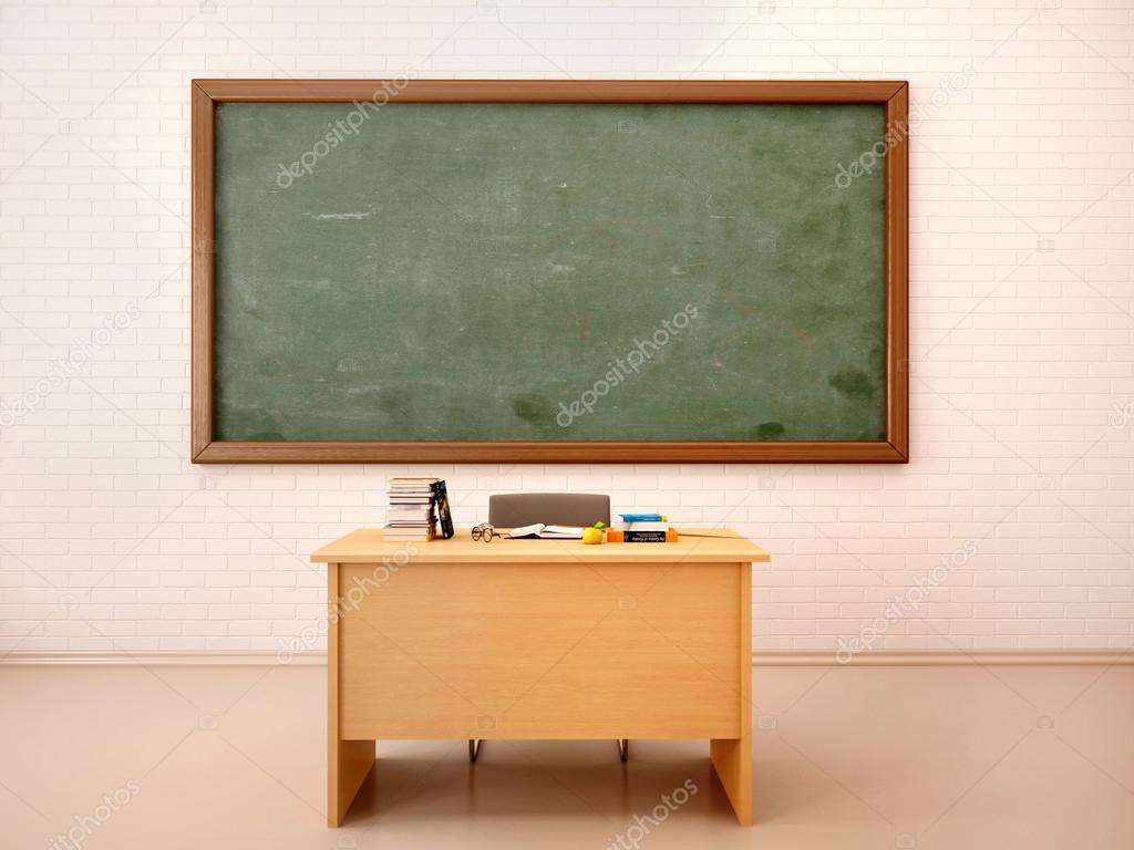3d illustration of bright empty classroom with blackboard and te