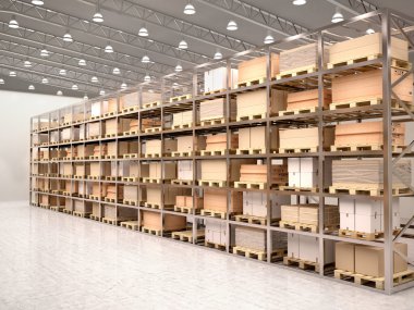 modern warehous kutuları raflara satırlarının 3D çizimi