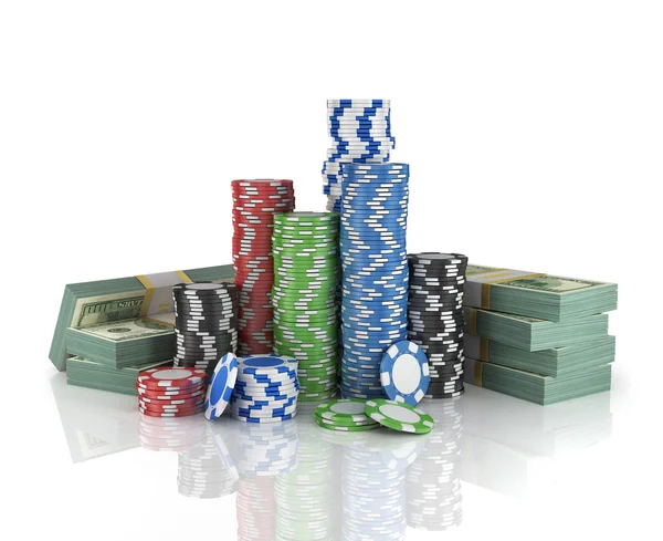 Stapel von Pokerchips mit einem Stapel Dollars. — Stockfoto