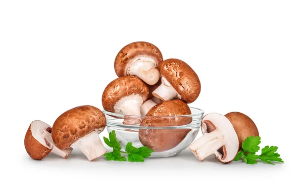 Brown champignons  mushrooms in a glass bowl isolated on white b — Stock Photo, Image