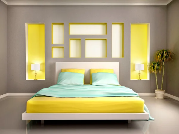 3D иллюстрация современного интерьера спальни с желтой кроватью и п — стоковое фото