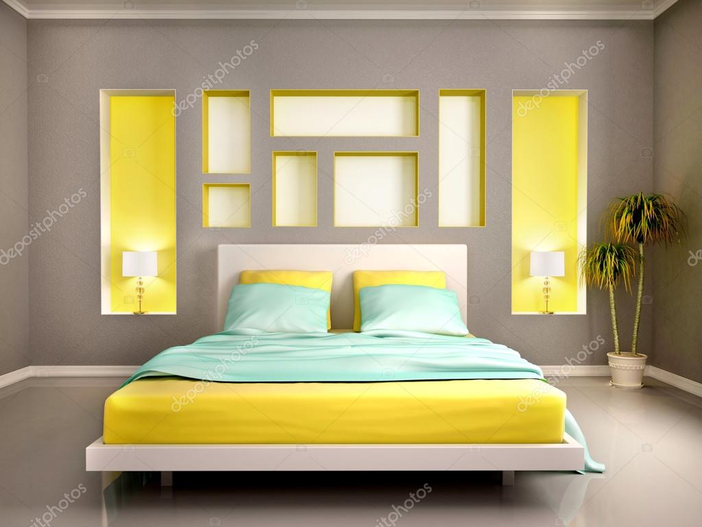 3D illustratie van moderne slaapkamer interieur met gele bed en n ... 3D illustratie van moderne slaapkamer interieur met gele bed en n ...