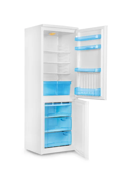 Відкритий холодильник ізольований на білому мішку — стокове фото