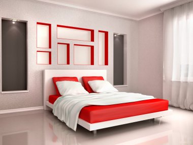 Kırmızı ve gri modern yatak odası iç 3D çizimi