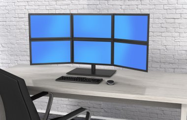 Monitörler, tablo, arka plan bir tuğla duvar