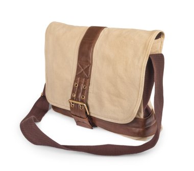 Şık erkekler çanta ile izole bir beyaz arka yüzündeki deri ekler