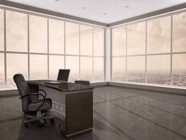 3d ilustración del lugar de trabajo moderno en la oficina con ventanas a — Foto de Stock