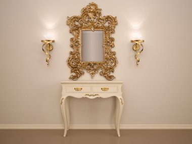 bir tuvalet Masası ile bir altın fram aynaya 3D çizimi