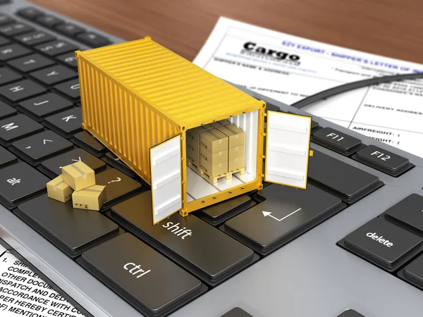 Opened ship container with boxes on the keyboard. Concept of del — Stock Photo, Image
