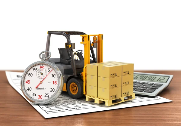 Forklift truck with boxes and stopwatch. Express delivery concep — Stock Photo, Image