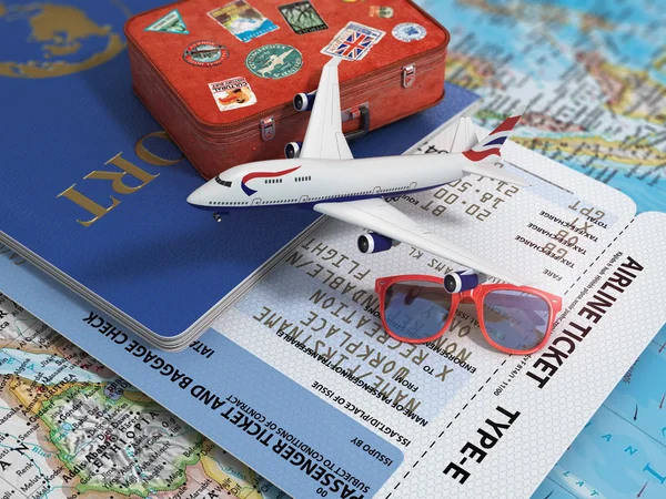 Travel or tourism concept. Passport, airplane, airtickets and su — Stock Photo, Image