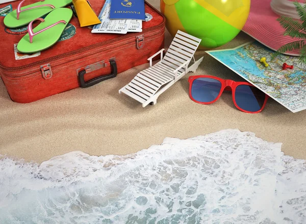 Концепция путешествия. Лежаки, солнцезащитные очки, карта мира, пляжная обувь, солнце — стоковое фото