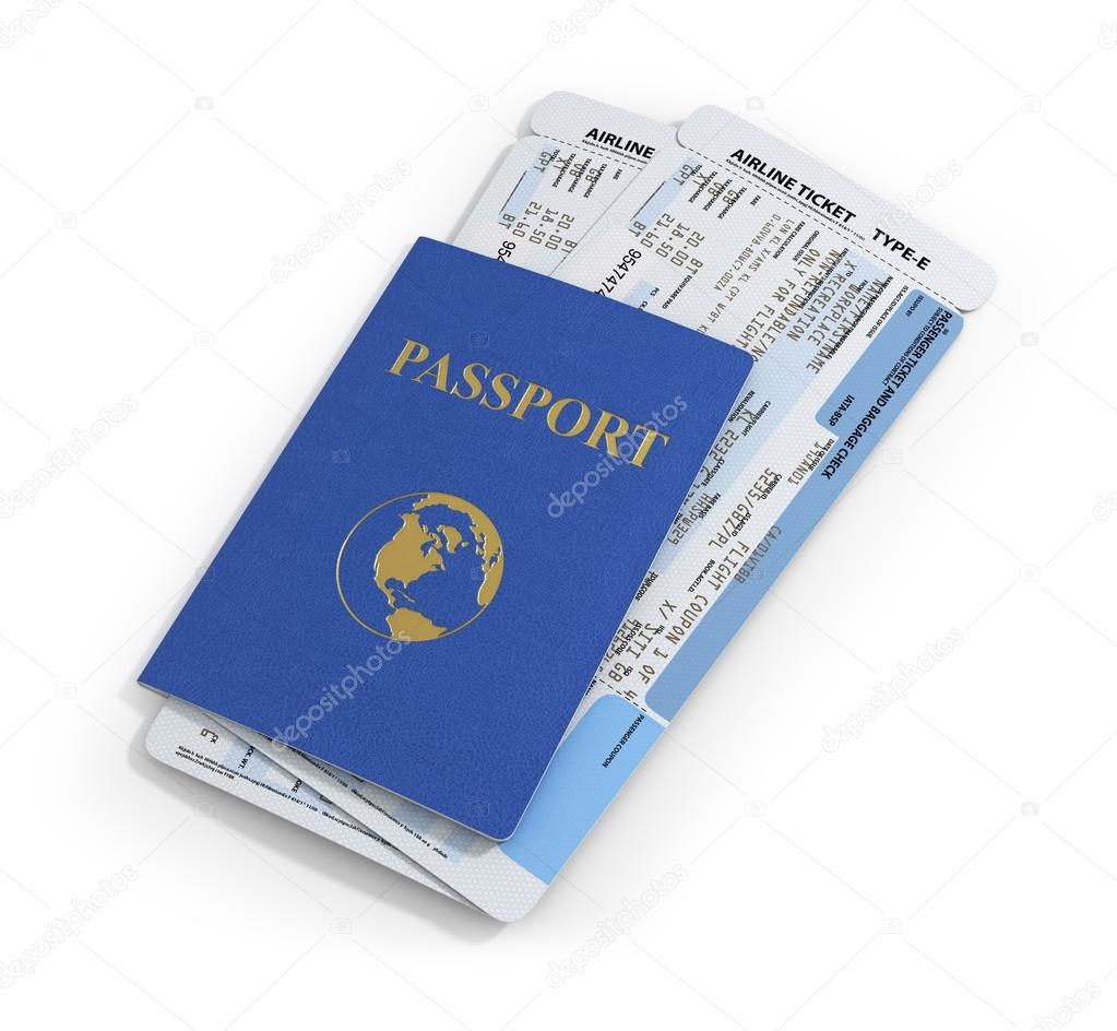 Travel documents on white background. Passport and airline ticke