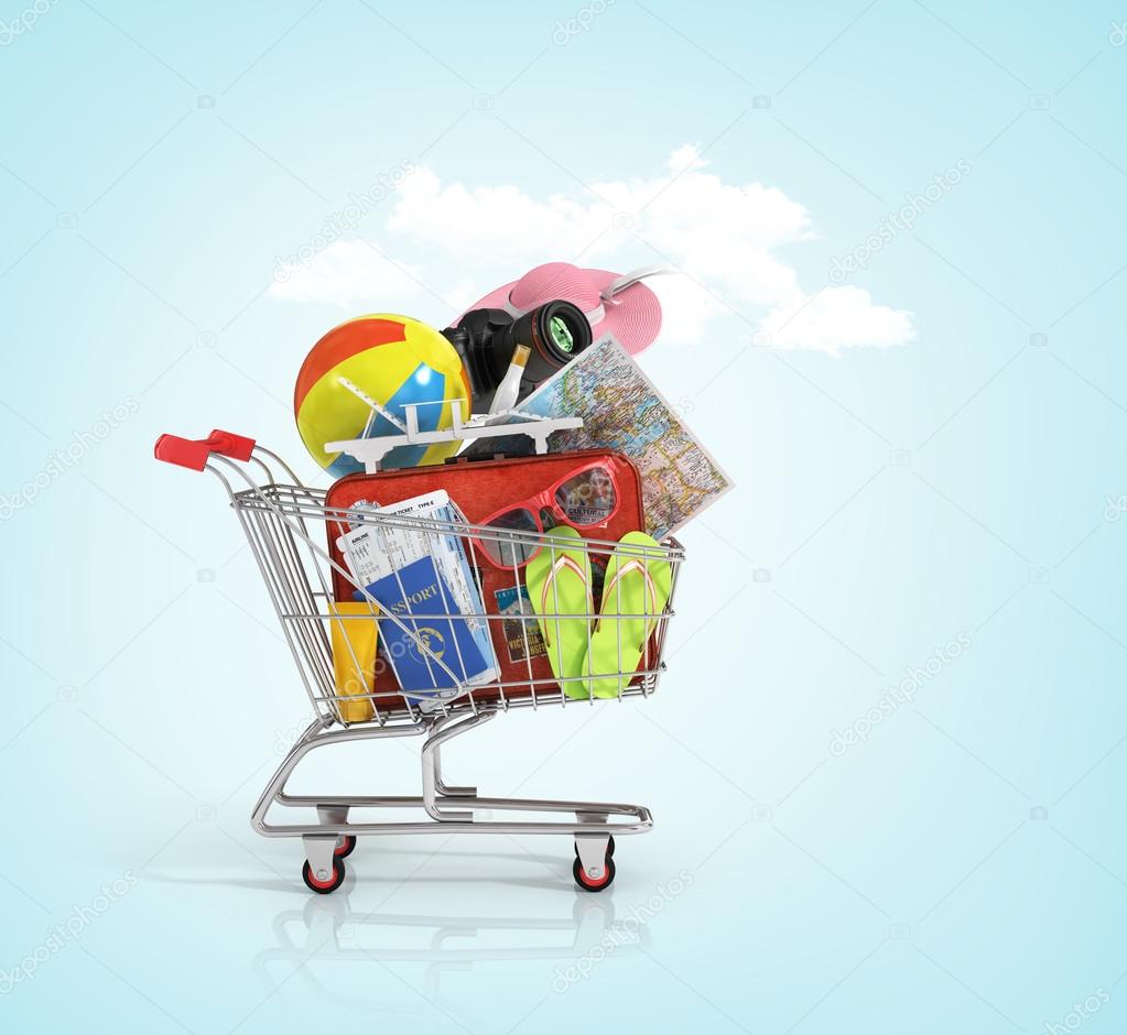 Shopping cart with beach accessories. Summer shopping. Sunbed, s