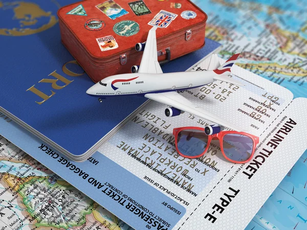 Concepto de viaje o turismo. Pasaporte, avión, billetes de avión y su — Foto de Stock