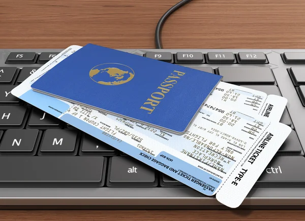 Έννοια του ταξιδιού. Διαβατήρια, αεροπορικά εισιτήρια στο πληκτρολόγιο. Onli — Φωτογραφία Αρχείου
