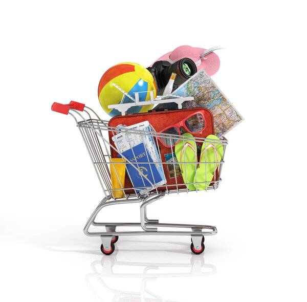 Shopping cart with beach accessories. Summer shopping. Sunbed, s