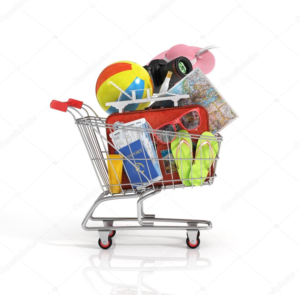 Shopping cart with beach accessories. Summer shopping. Sunbed, s