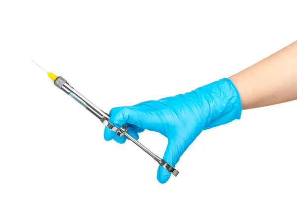 Hand in glove holding a syringe with anesthesia on an isolated w — Stock Photo, Image