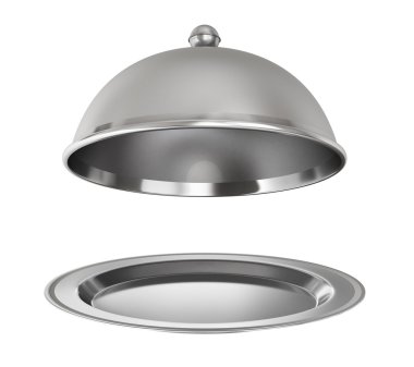 Restoran cloche beyaz bir arka plan üzerine açık kapaklı.