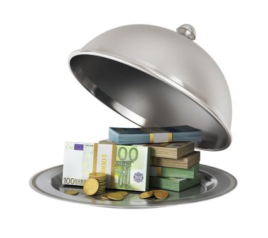 Gümüş Restoran cloche banknot ve madeni paraların üzerinde beyaz bir bac ile