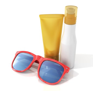 Güneş gözlüklü beyaz izole krem şişe.
