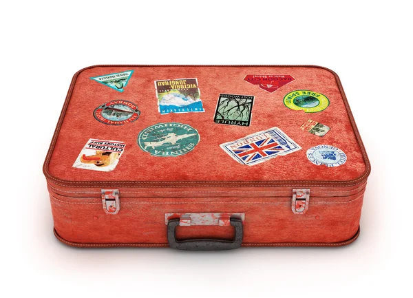 Travel Suitcase with stickers. Clipping path included. Computer — Stock Photo, Image