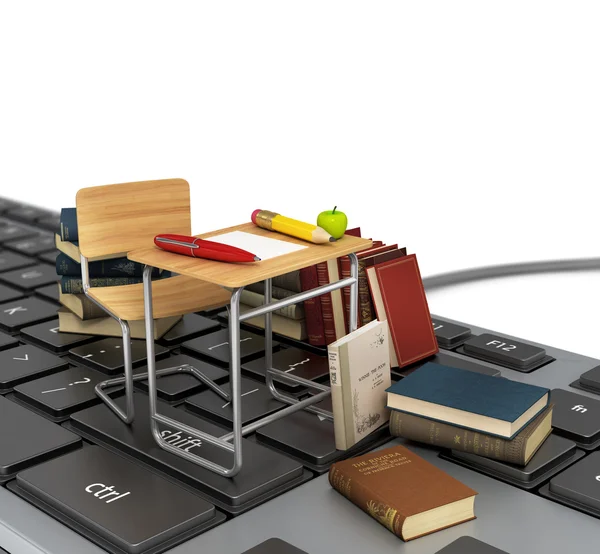 Πληκτρολόγιο με καρέκλα, γραφείο και βιβλία. σε απευθείας σύνδεση μάθουν έννοια. — Φωτογραφία Αρχείου