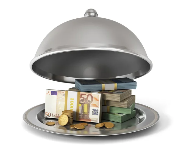 Silver Restaurant cloche with banknotes and coins on a white bac — Stock Photo, Image