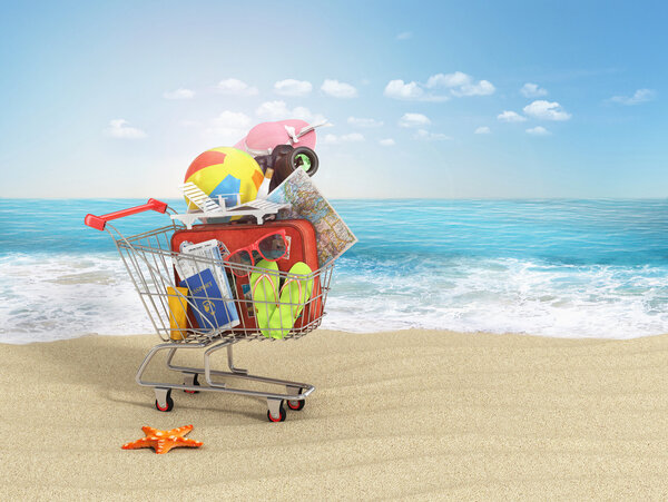Shopping cart with beach accessories on the beach line. Summer shopping. Sunbed, sunglasses, world map, beach shoes, sunscreen, air tickets, beach ball, camera, hat and old red suitcase for travel in the shopping cart. Summer concept.