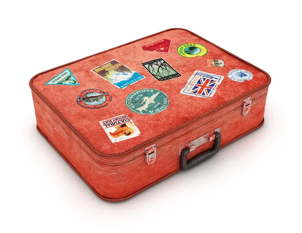 Travel Suitcase with stickers. Clipping path included. Computer — Stock Photo, Image