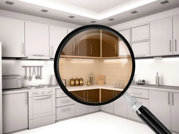 3d ілюстрація кухні через збільшувальне скло — стокове фото