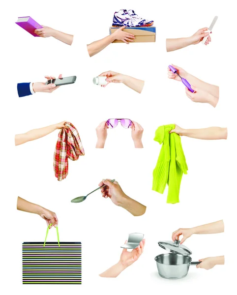 Mains avec divers objets sur fond blanc — Photo