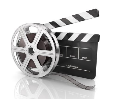 sinema alkış ve film makarası, beyaz arka plan üzerinde.