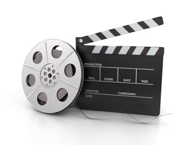 Beyaz arka plan üzerinde izole Klaket ve film reel. 3D parçalamak