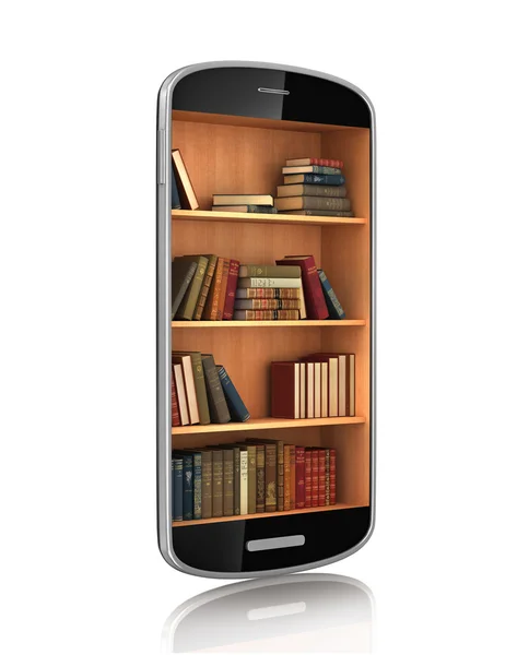 Smartphone med bokhyllan. e-bok bibliotek. utbildning koncept — Stockfoto