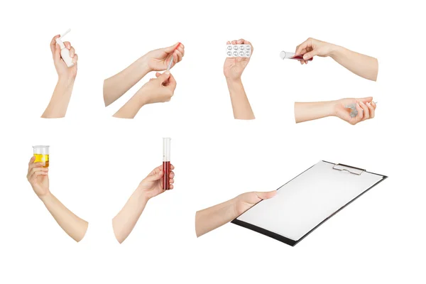 Colección de manos con herramientas médicas aisladas en blanco — Foto de Stock
