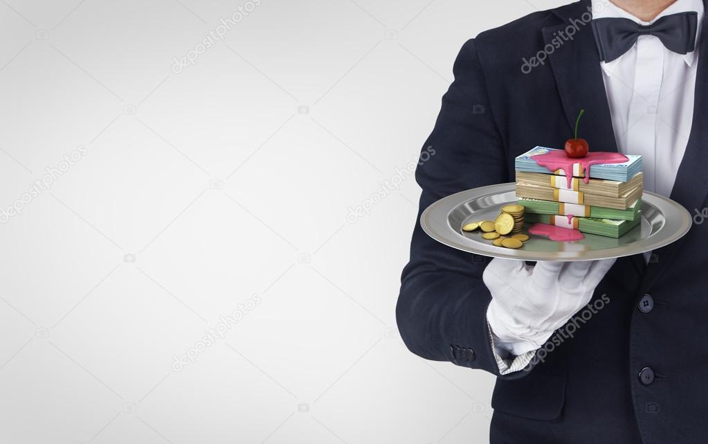 Waiter hold restataunt cloche with stack of money poured syrup w