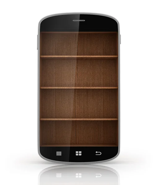 Wooden book shelf in smartphone with reflection isolated on whit — Stock Photo, Image