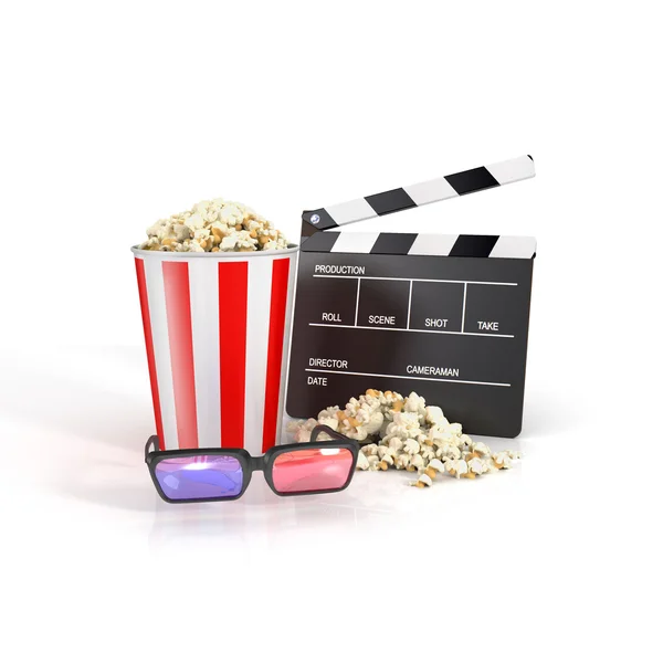 Clapper, popcorn. 3dglasses — Stock Photo, Image