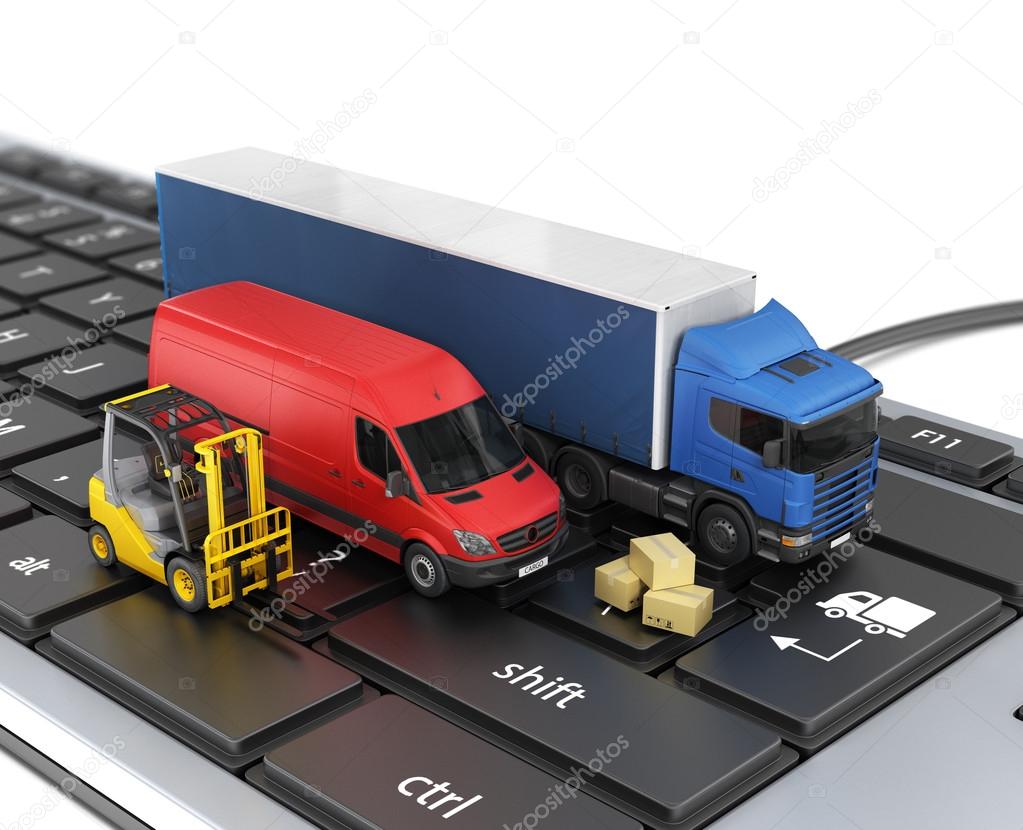 Concept of online order delivery. Delivery vehicles.