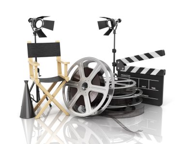Video, Film, sinema kavramı. Işık, film şeridi, makaralar, clapperb