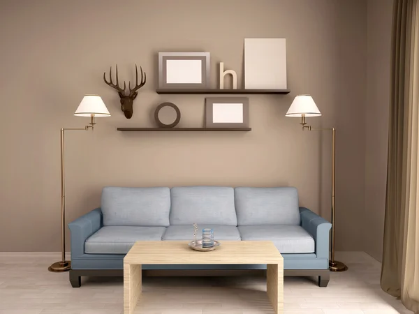 室内客厅的沙发和书架三维图 — 图库照片