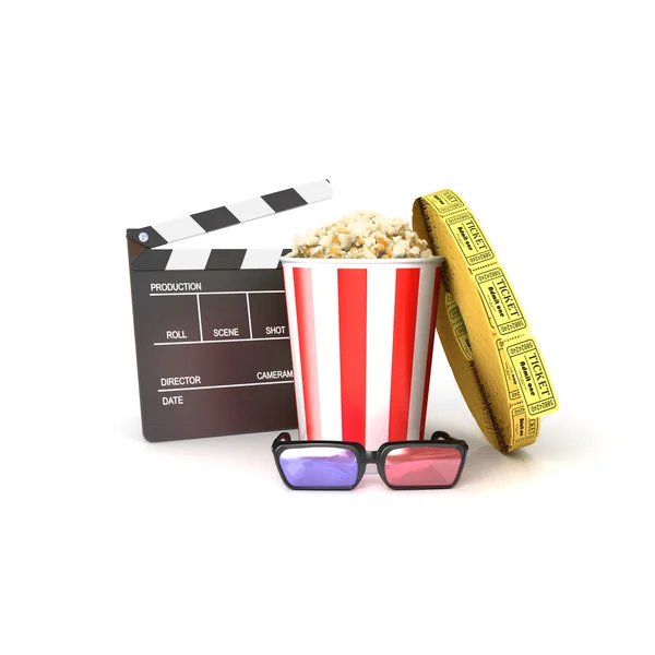Film (Schlagzeug, Popcorn, Eintrittskarten, 3 Gläser)) — Stockfoto