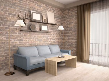 iç oturma odası kanepe ve raflar ile 3D çizimi