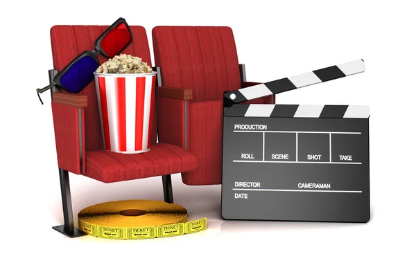Tablero de aplausos de cine, palomitas de maíz y vasos 3D en el asiento del teatro. ci —  Fotos de Stock