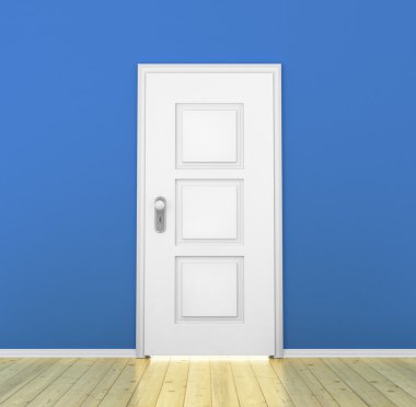 Boş bir mavi odada beyaz kapı kapalı