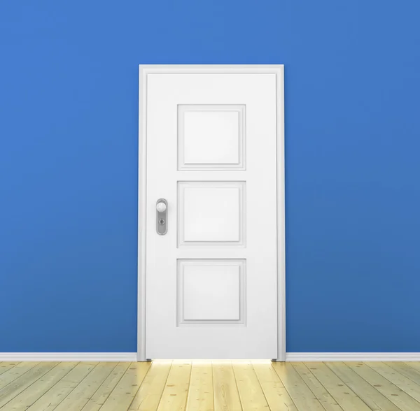Puerta blanca cerrada en una habitación azul vacía —  Fotos de Stock