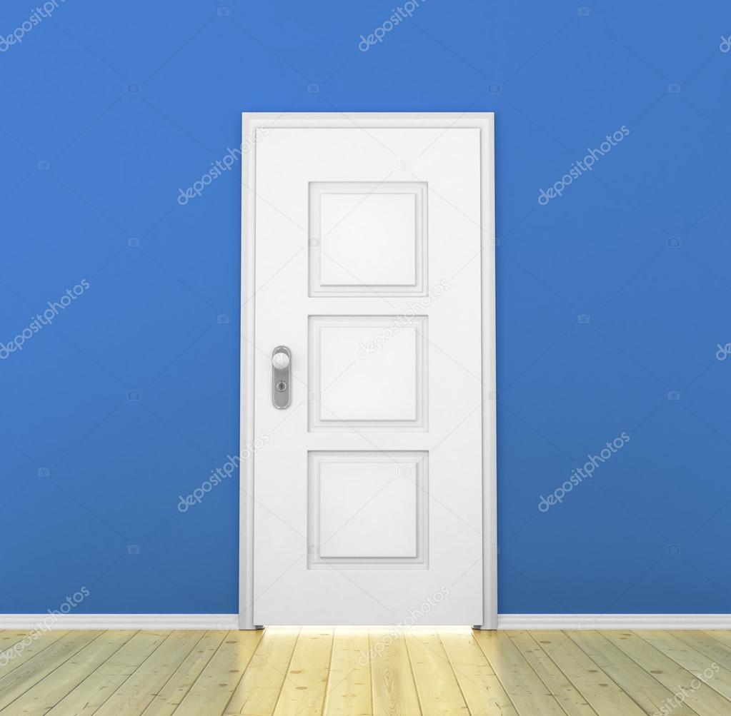 Closed white door in a empty blue room